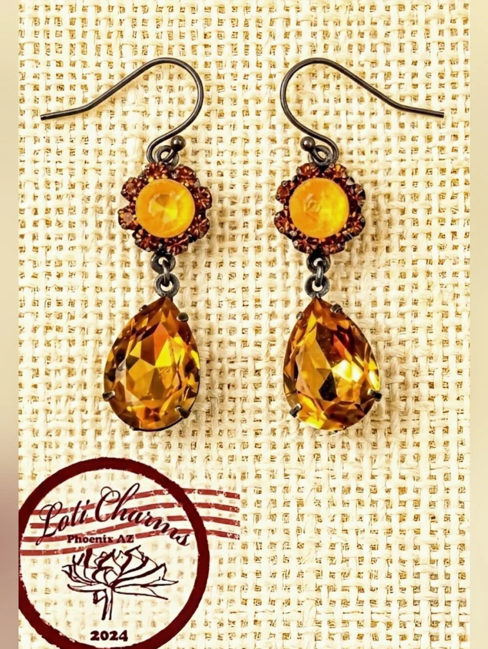 Victorian Golden Yellow Swarovski Elements Flower Crystals In Brass  Earrings